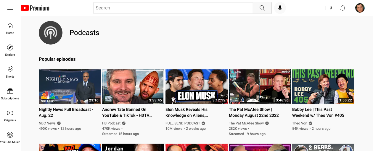 Screenshot of YouTube's Podcasts page
