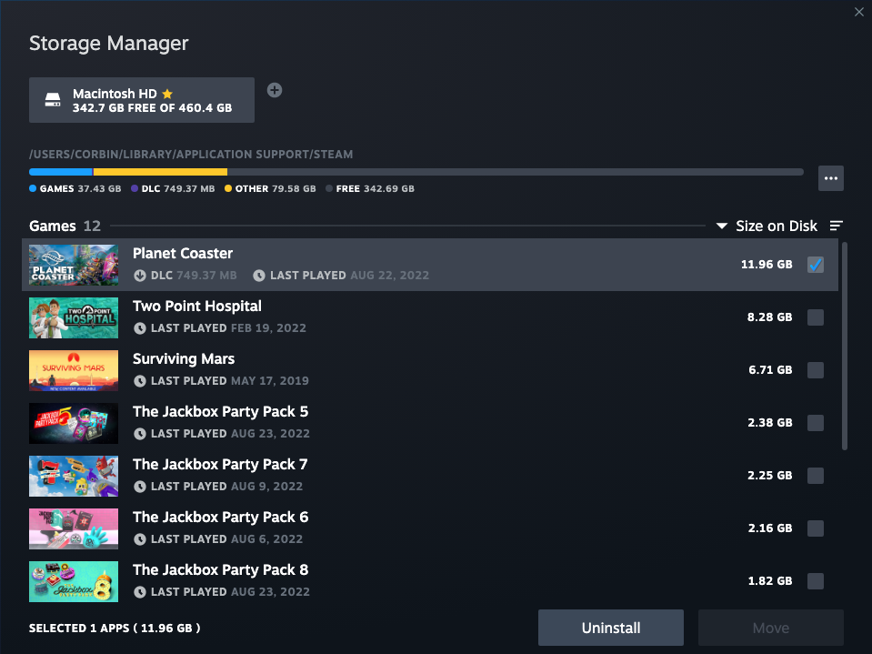 Steam Storage Manager screenshot with several games listed