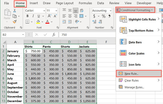 New Rule in the Conditional Formatting menu