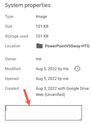 Text box for the description in Google Drive