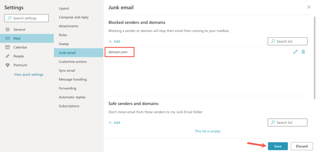 Domain in the blocked senders list
