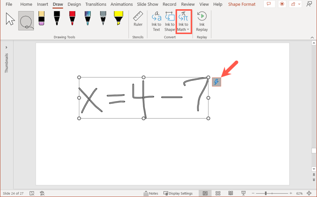 Ink to Math for the selected equation in PowerPoint