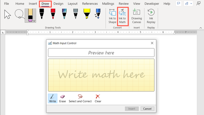Ink to Math on the Draw tab in Word