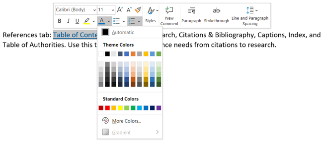 Font Color drop-down box in the floating toolbar