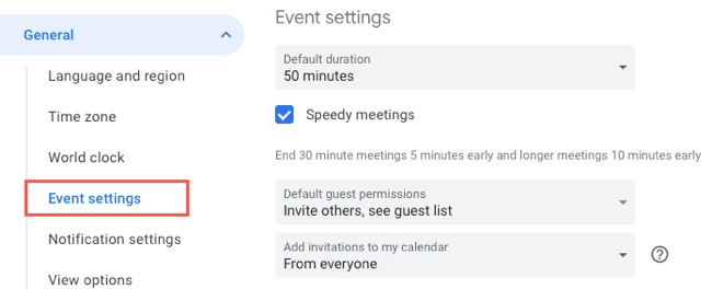 Event Settings under General in the Google Calendar Settings