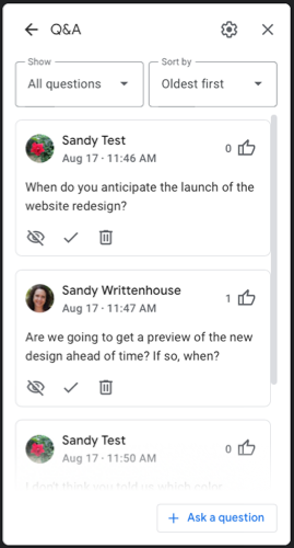 Host question list with actions