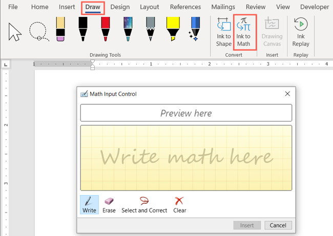 Ink to Math on the Draw tab