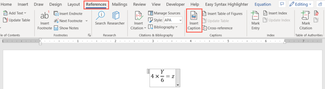 Insert Caption button on the References tab
