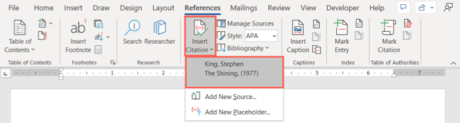 Insert Citation drop-down menu on the References tab
