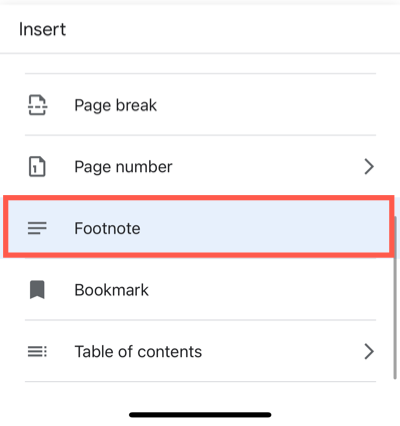 Footnote in the mobile app Insert menu