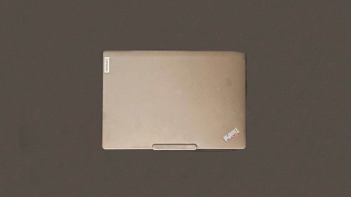 Aerial view of the Lenovo ThinkPad X13 lid with ThinkPad logo.