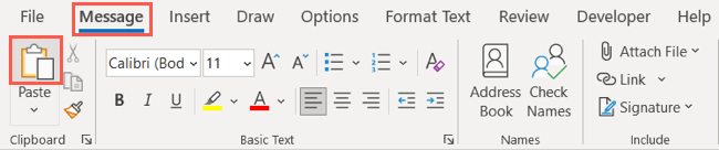Paste on the Message tab in Outlook
