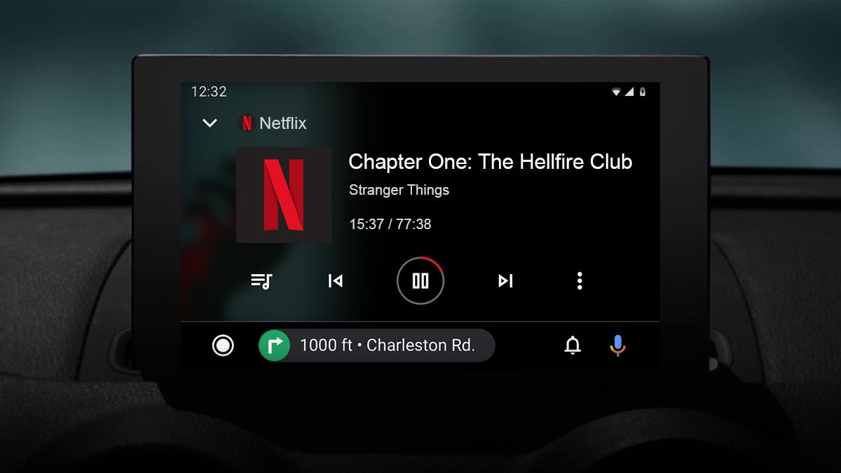 Mockup of a Stranger Things episode audio playing on Android Auto