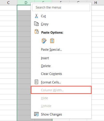 Column Width grayed out in the menu
