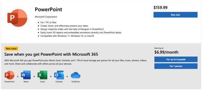 PowerPoint prices from Microsoft