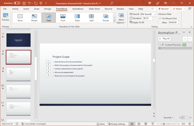 PowerPoint Transitions tab and Animation Pane