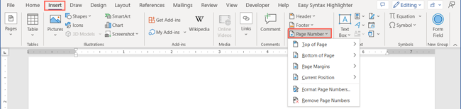 Insert page numbers in Word