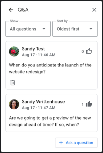 Participant question list with actions
