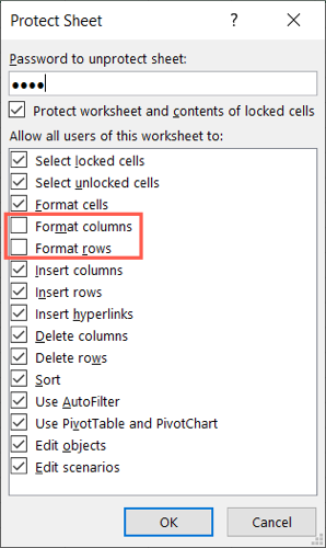 Protect Sheet settings