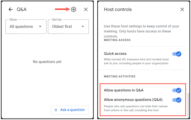 Q&amp;A controls in Google Meet