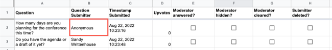 Questions Report with anonymous responses