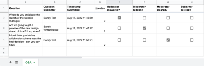 Questions report in Google Sheets