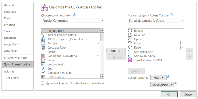 Quick Access Toolbar settings in Excel