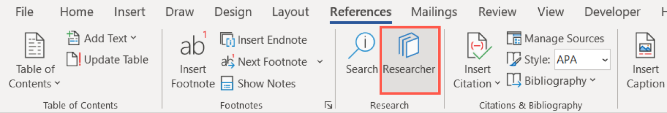 Researcher on the References tab