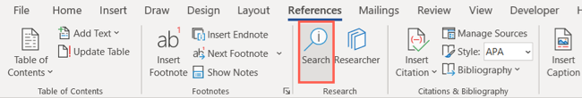 Search in the References tab