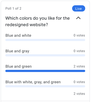Responses to a poll in Google Meet