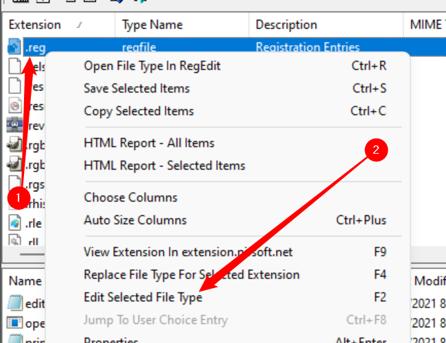 Right-click the file extension of the file type you want to change, then click 