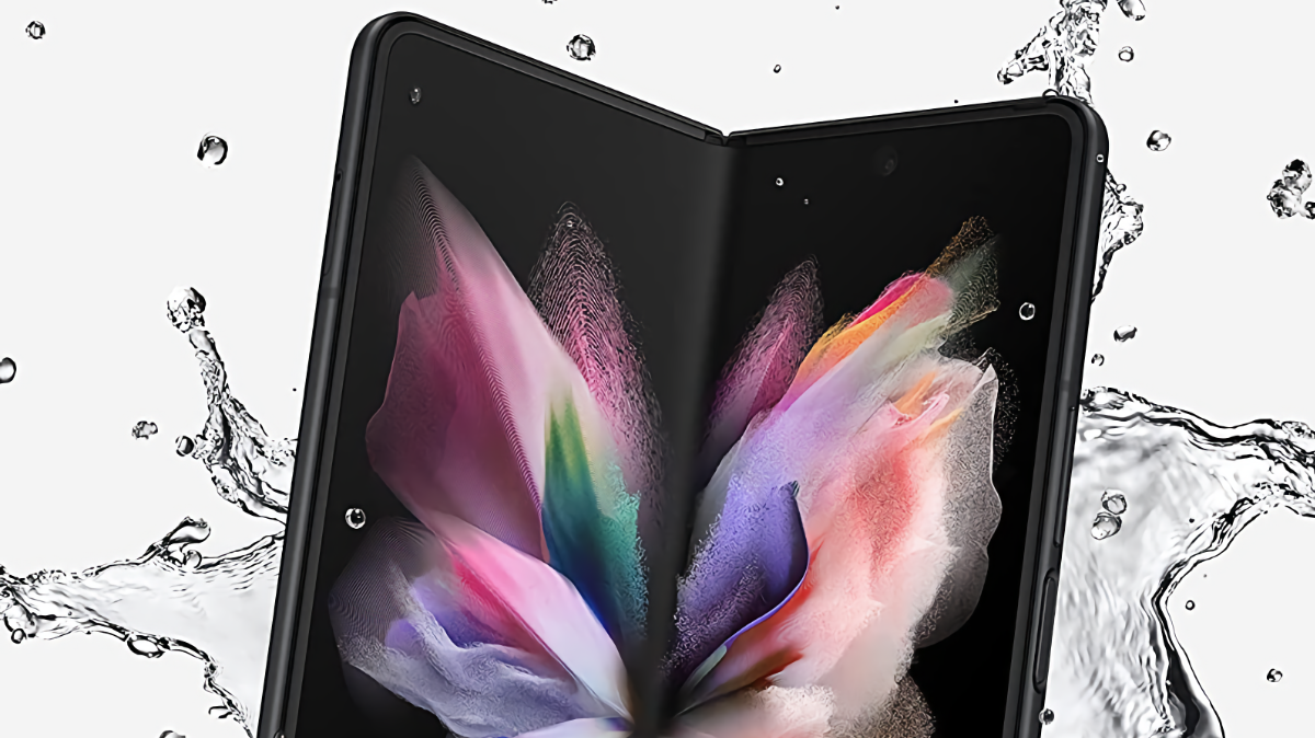 Samsung Galaxy Z Fold 3 surrounded by a splash of water