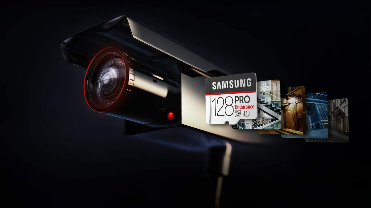 Samsung PRO Endurance MicroSDXC Memory Card beside a camera