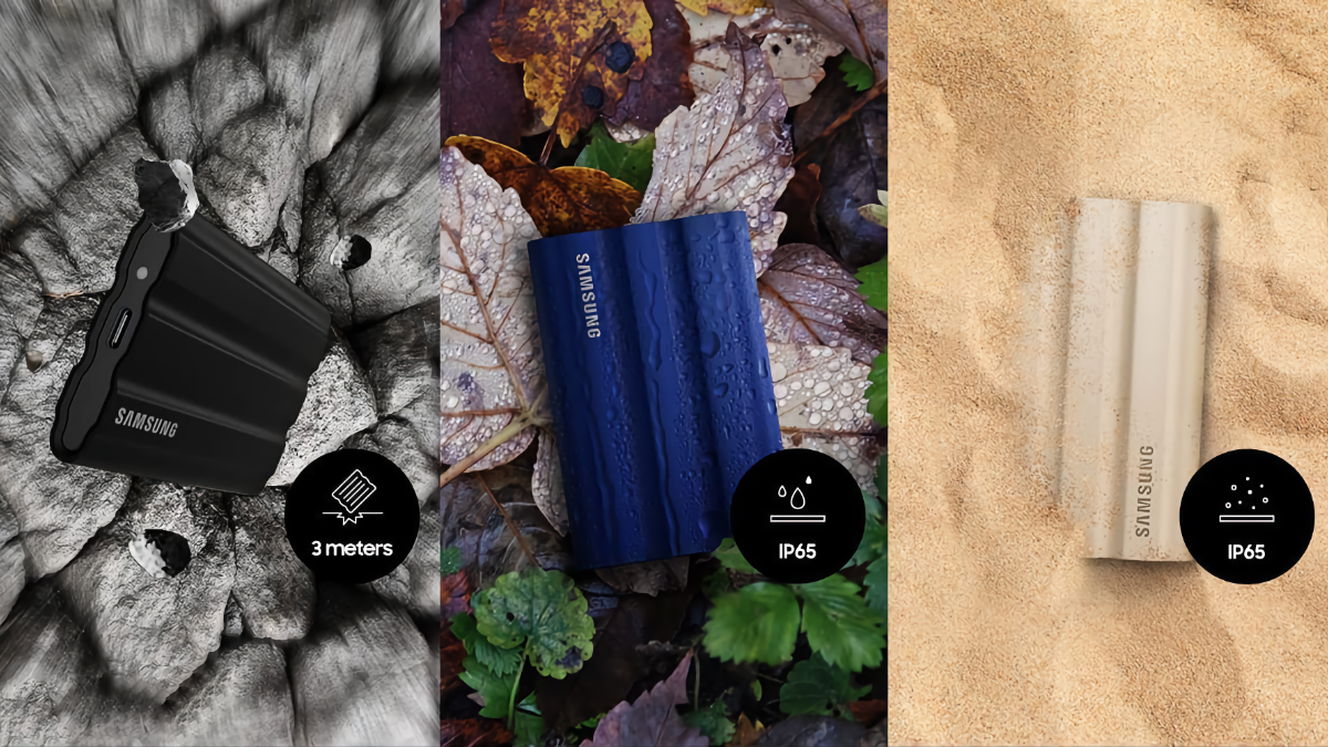 Three Samsung T7 Shield Portable SSDs withstanding different rugged elements