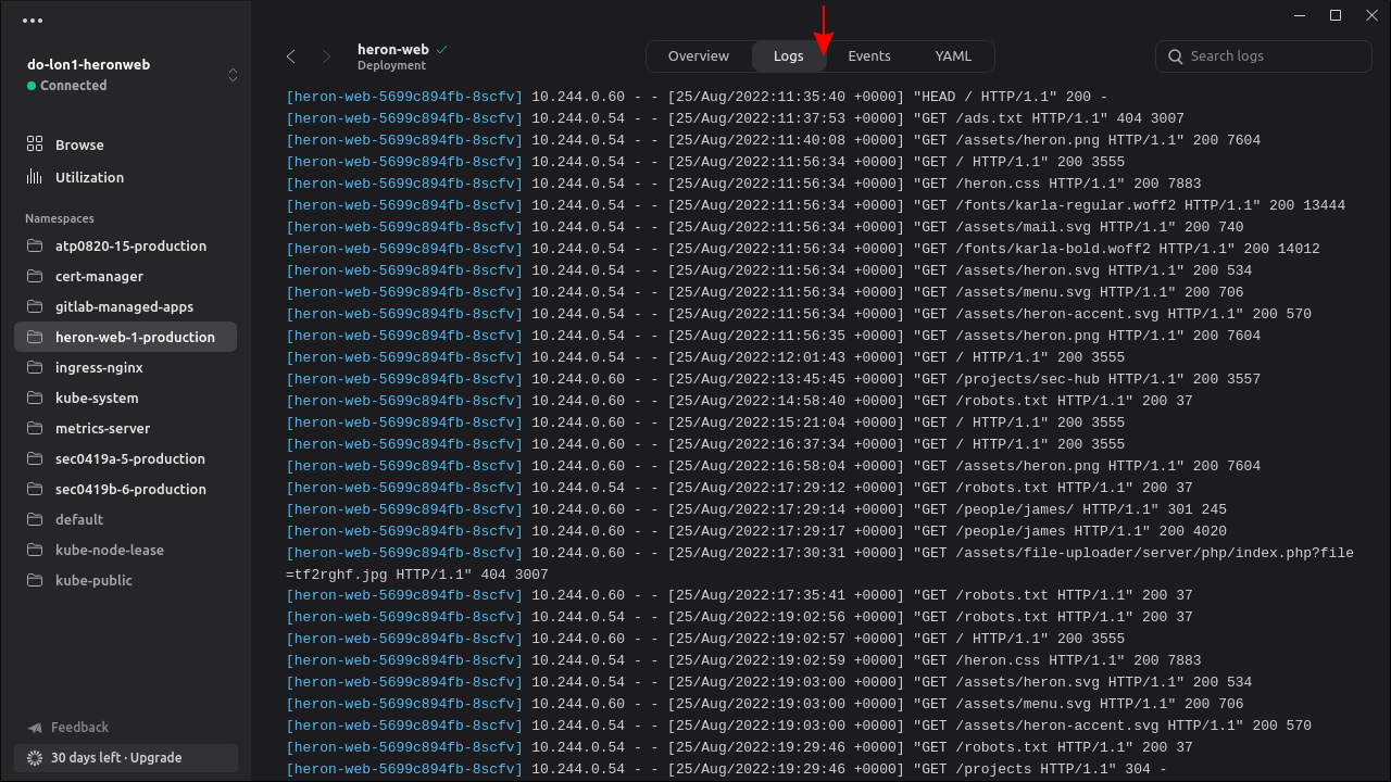 Screenshot of viewing Pod logs with Infra