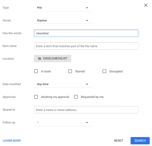 Advanced search in a folder in Google Drive