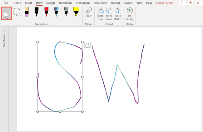 Selection tool on the Draw tab in PowerPoint