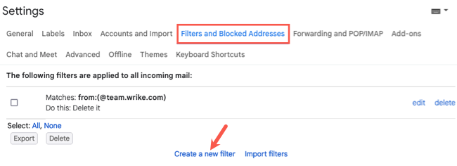 Create New Filter on the Filter and Blocked Messages tab