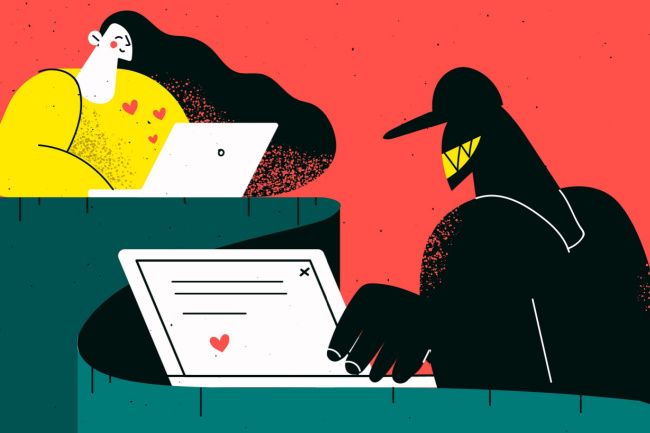 Artistic illustration of a woman receiving heart emoji from her laptop sent by a scammer on another laptop.