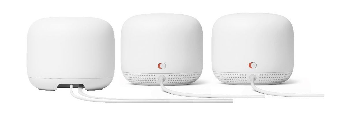 The back of the Google Nest Wifi system, showing the router and two add-on access points.