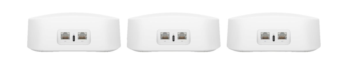 The back of three eero Pro 6 units, side by side.