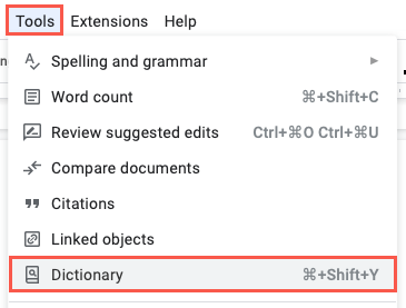 Dictionary in the Tools menu