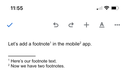 Two footnotes in the Google Docs mobile app