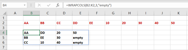 WRAPCOLS function in Excel