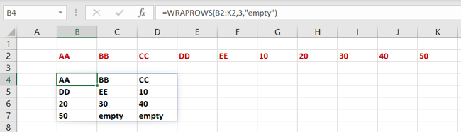 WRAPROWS function in Excel