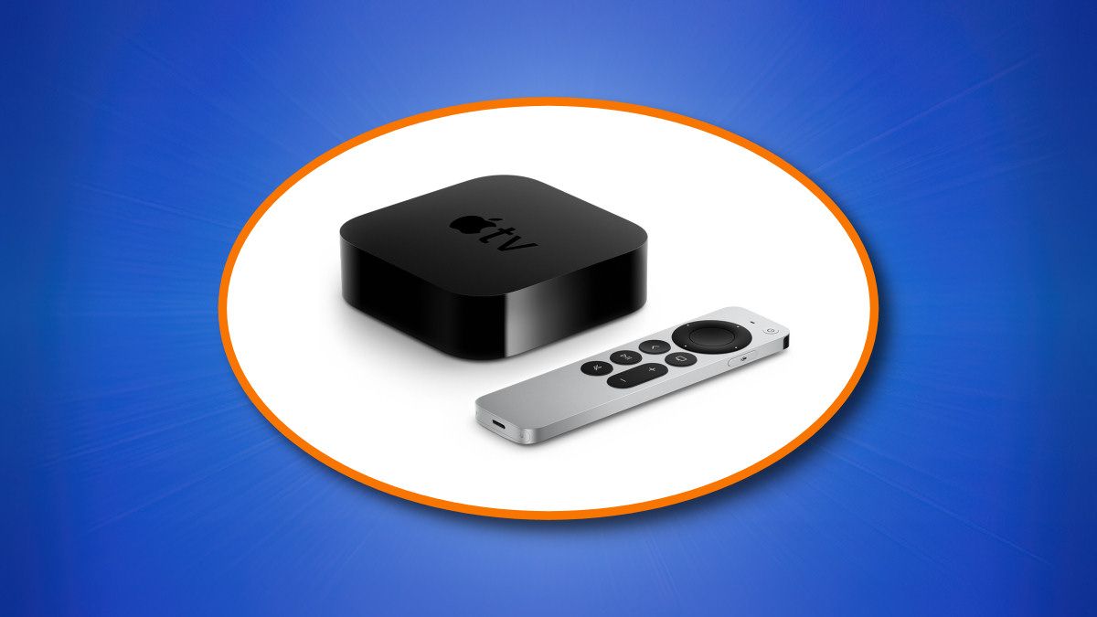 An Apple TV device and remote on a blue background