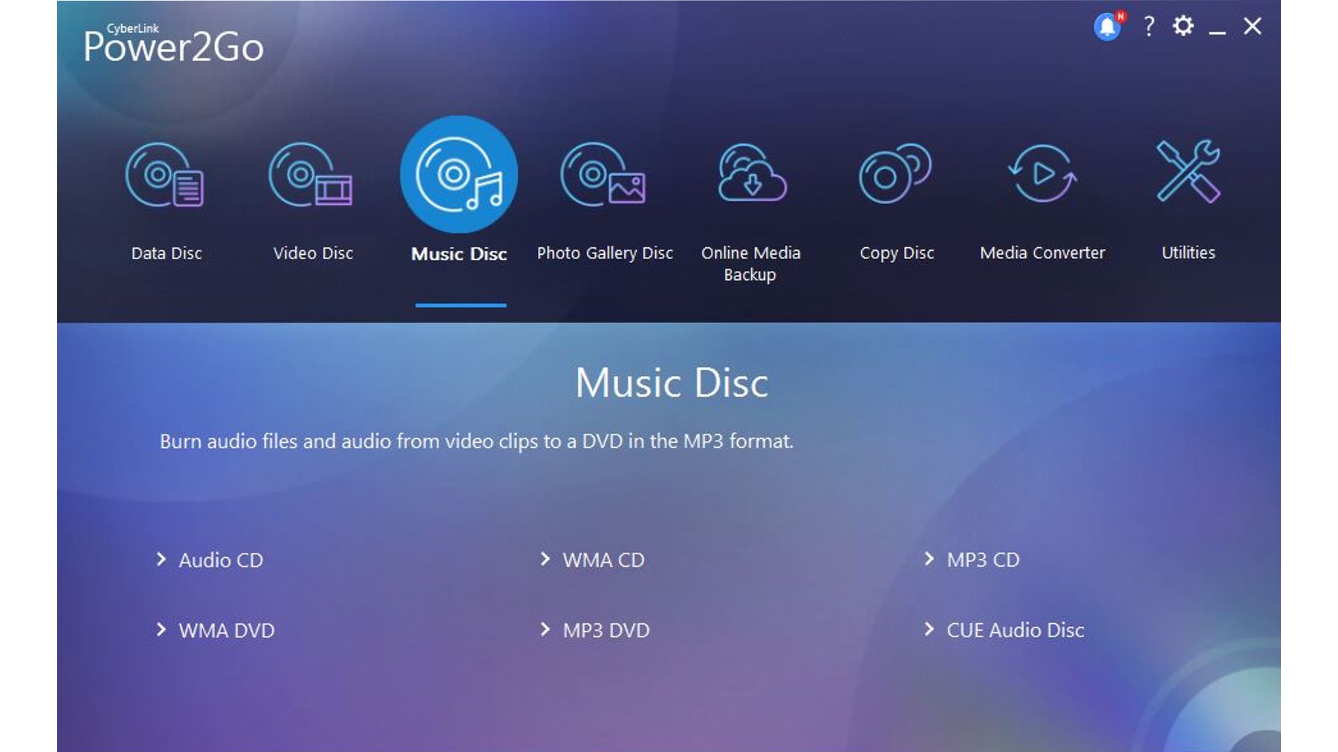 The Power2Go interface open to the &quot;Music Disc&quot; window