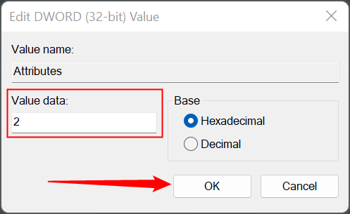 Change &ldquo;Value Data&rdquo; from 1 to 2, then click &ldquo;OK.&quot;