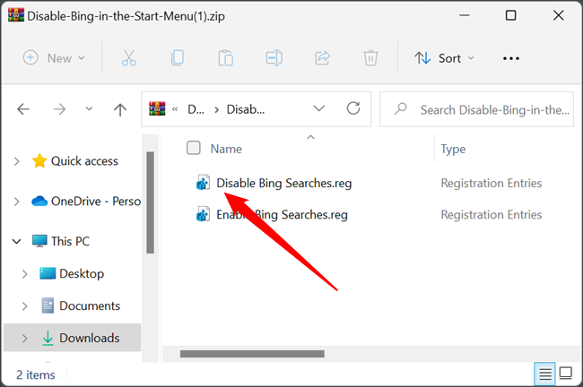 Double-click the &quot;Disable Bing Searches.reg&quot; file. 