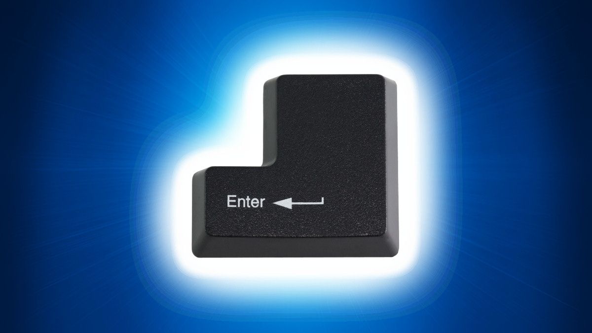 A black Enter key with a glowing white outline on a blue background